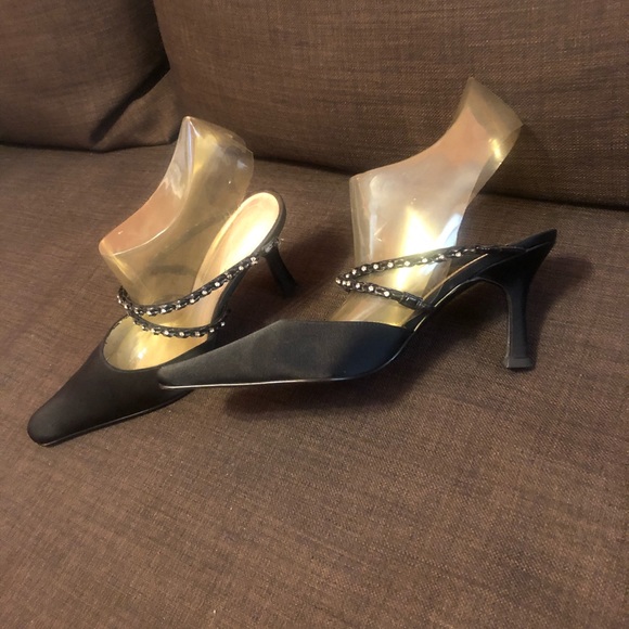 Black satin heels with rhinestone accented straps - Picture 2 of 2